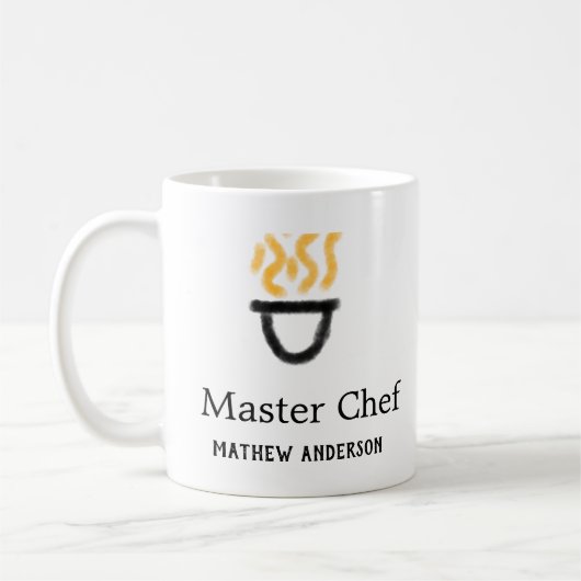 Master chef add name black pan yellow fire fume co コーヒーマグカップ (左)