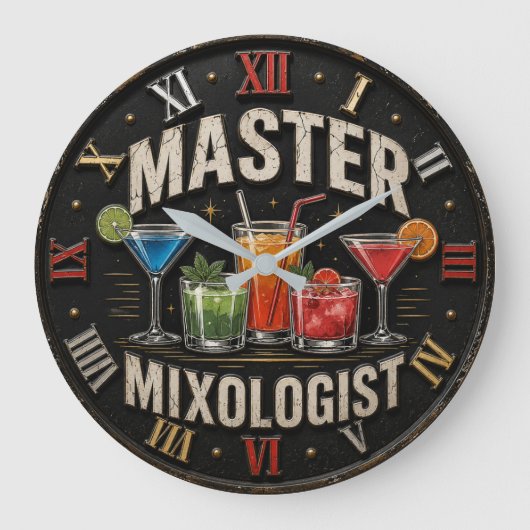 Master Mixologist Bartender Gift Retro Home Bar ラージ壁時計 (正面)