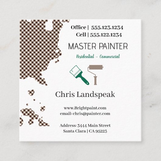 Masterpainter & Dark Brownチェッカーボードパターン スクエア名刺 (正面)