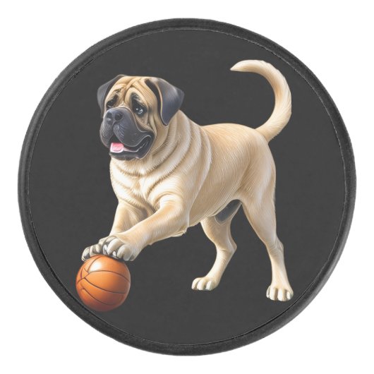 Mastiff englische Dogge mit Ball im Urlaub アイスホッケーパック (正面)