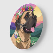 Mastiff englische Dogge mit Blumenkranz Muttertag ラージ壁時計 (傾斜)