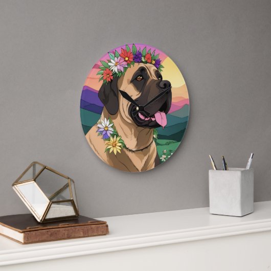 Mastiff englische Dogge mit Blumenkranz Muttertag ラージ壁時計 (オフィス)