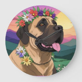 Mastiff englische Dogge mit Blumenkranz Muttertag ラージ壁時計 (正面)