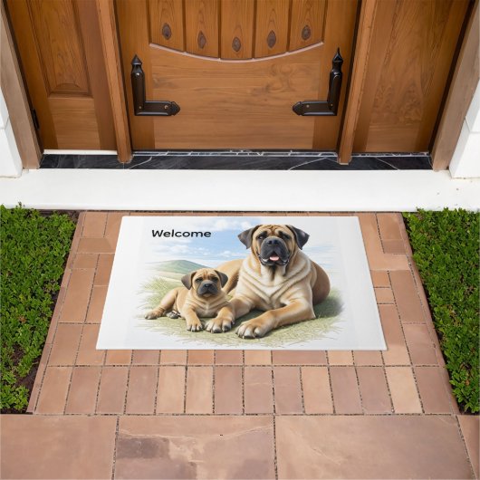 Mastiff englische Dogge mit Kind im Urlaub ドアマット (室外)