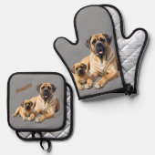 Mastiff englische Dogge mit Kind im Urlaub 鍋つかみ&鍋敷きセット (正面/裏面)