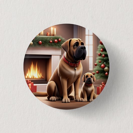 Mastiff englische Dogge Weihnachten Kamin 缶バッジ (正面)