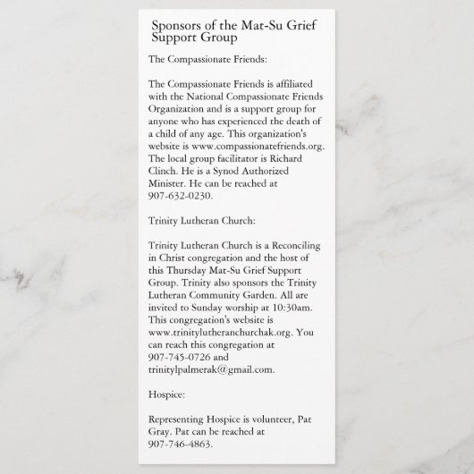 Mat-Su Grief Support Group Advertisement 招待状 (裏面)