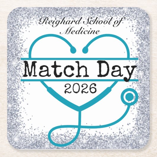 Match Day Turquoise Blue 2026 Glitter Stethoscope  スクエアペーパーコースター (正面)