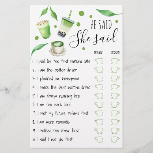 Matcha Bridal Shower Game Card チラシ (正面)