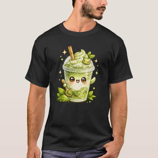 Matcha Green Tea Iced Latte Kawaii T-Shirt Tシャツ (正面)