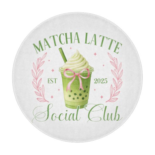 Matcha Latte Social Club Glass Round Cutting Board カッティングボード (正面)