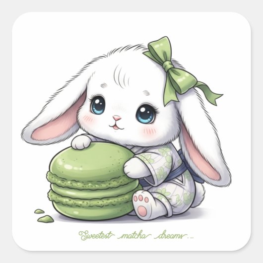 Matcha Macaron Baby Bunny - Kimono Yukata & Ribbon スクエアシール (正面)