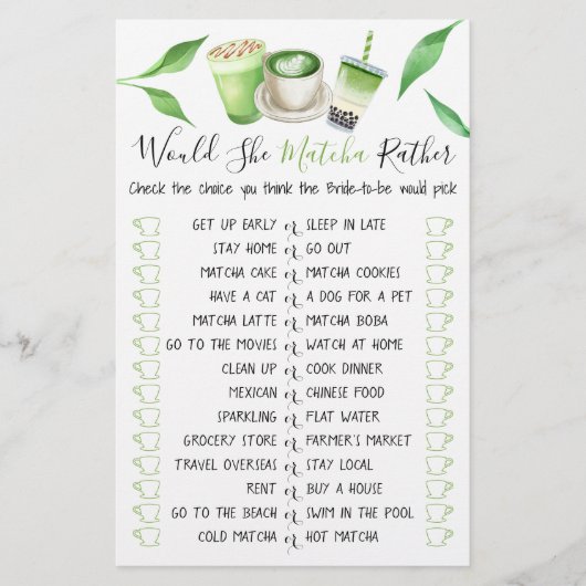 Matcha Themed Shower Bridal Shower Game Card チラシ (正面)