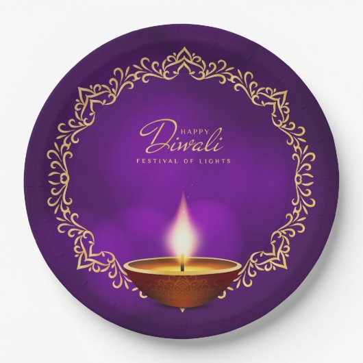 Matching Happy Diwali Purple 9" ペーパープレート (正面)