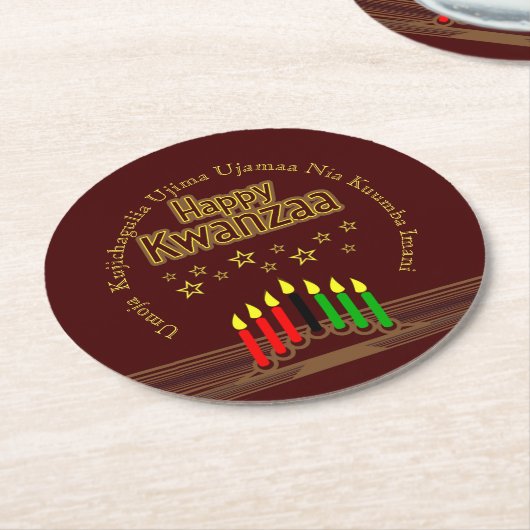 Matching Happy Kwanzaa Seven Principle ラウンドペーパーコースター (アングル)