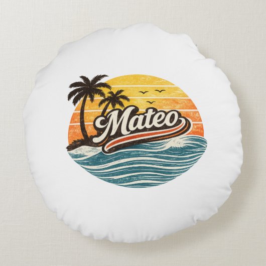 Mateo Retro Sunset 名前デザイン ラウンドクッション (裏面)