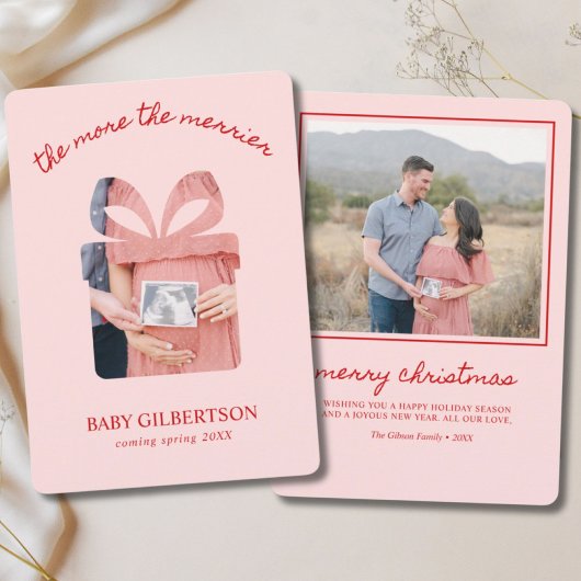 Maternity Christmas Card Pink & Red Modern Photo シーズンカード