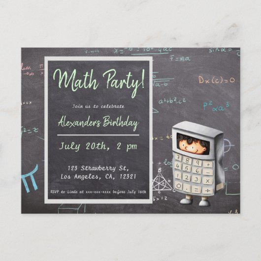 Math Black 図解入りの、写真付きの Calculator Kid招待状 ポストカード (正面)