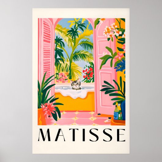 Matisse Cat Print Pink Bathroom Wall Art, Funny ポスター (正面)