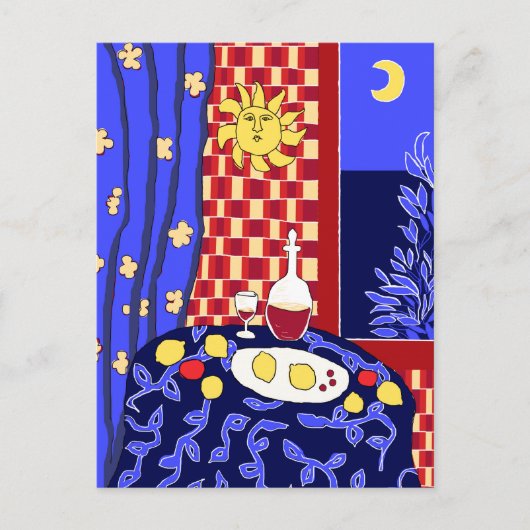 Matisse Inspired Blue Night Still Life Wine Lemons ポストカード (正面)