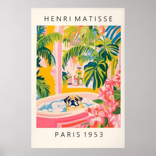 Matisse Pug Print Funny Bathroom Tropical Art ポスター (正面)