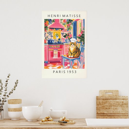 Matisse Style Cat Chef Print Funny Kitchen Wall ポスター (キッチン)