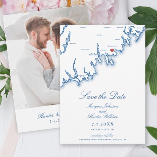 Mattapoisett MA Map Elegant Navy Blue Wedding セーブザデート
