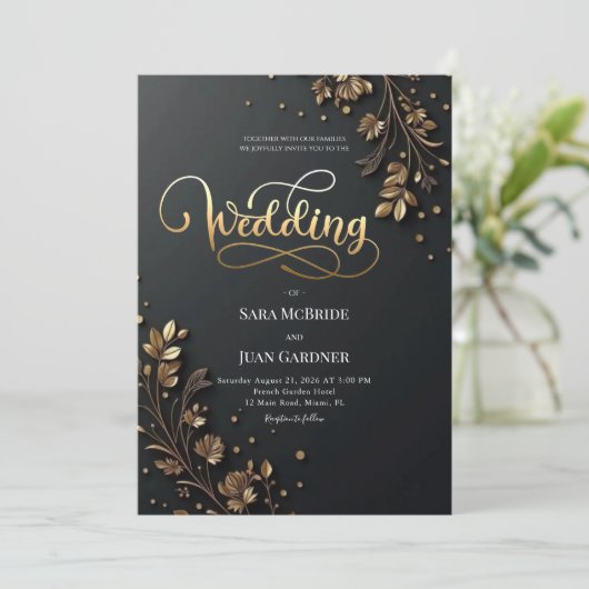 Matte Black & 3D Gold Leaf Botanical Motifs 招待状 (スタンド正面)