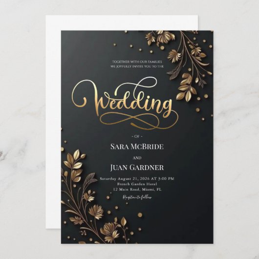 Matte Black & 3D Gold Leaf Botanical Motifs 招待状 (正面/裏面)