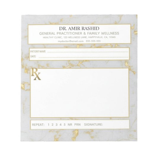 Matte Gold White Grey Marble Doctor Prescription ノートパッド (正面)
