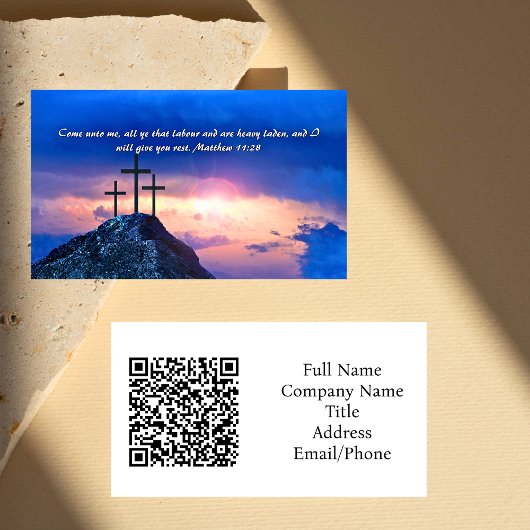 Matthew 11:28 Three Crosses Sunset QR code 名刺