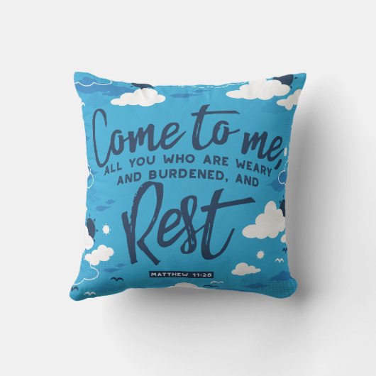 Matthew 11 Bible Verse and Blue Cloud Sky Pattern クッション (裏面)