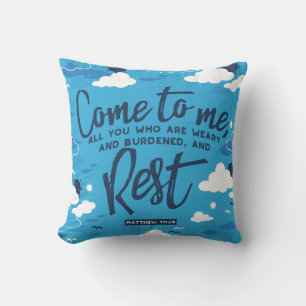 Matthew 11 Bible Verse and Blue Cloud Sky Pattern クッション