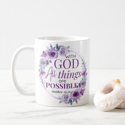 Matthew 19:26 Possible with God Purple Floral コーヒーマグカップ (ドーナツ)