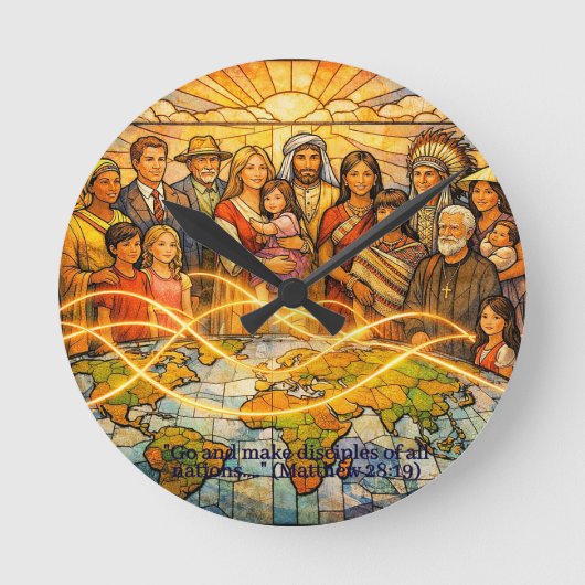Matthew 28:19 Stained‑Glass Discipleship Clock ラウンド壁時計 (正面)