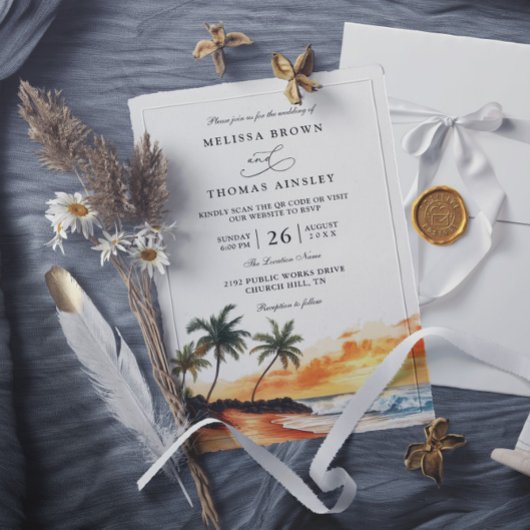Maui Hawaii Tropical Beach Elegant QR Code Wedding 招待状