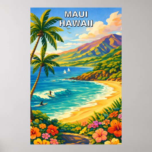 Maui Hawaii Tropical Coastline Vintage Travel Art ポスター (正面)