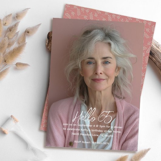 Mauveかわいらしフローラ植物写真第65誕生日 招待状