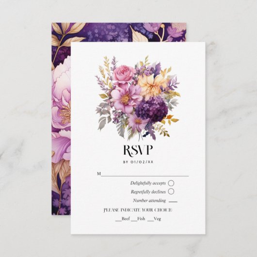 Mauveと金ゴールドフローラ結婚の 出欠カード (正面/裏面)