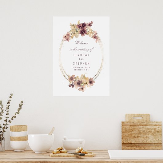 Mauveと金ゴールドヴィンテージウェディングウェルカムサイン ポスター (キッチン)