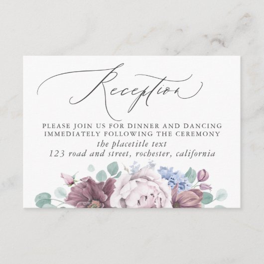 MauveとDusty Blueウェディングレセプション エンクロージャーカード (正面)