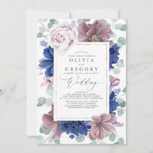 MauveとNavy Blueの花エレガントな結婚式 招待状
