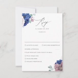 MauveとNavy Blueフローラ結婚式RSVP 出欠カード