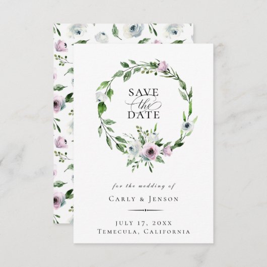 Mauveエレガントフローラリース日付の保存 案内状 (正面/裏面)