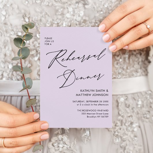 MauveスクリプエレガントトのリハーサルディナーミニマルQR 招待状