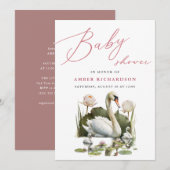 Mauveスクリプトエレガントミニマリスト白鳥ベビーシャワー 招待状 (正面/裏面)