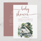 Mauveスクリプトエレガントミニマリスト白鳥ベビーシャワー 招待状 (正面/裏面)