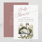 Mauveスクリプトエレガントミニマリスト白鳥ベビーシャワー 招待状 (正面/裏面)