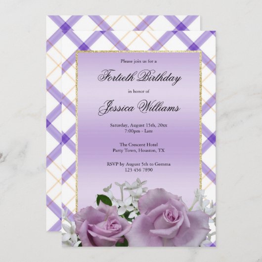 Mauveスタイリッシュフローラ40th Birthday 招待状 (正面/裏面)