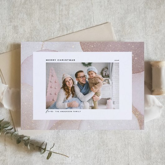 Mauveトーンとグリッターアクセント写真クリスマス シーズンカード